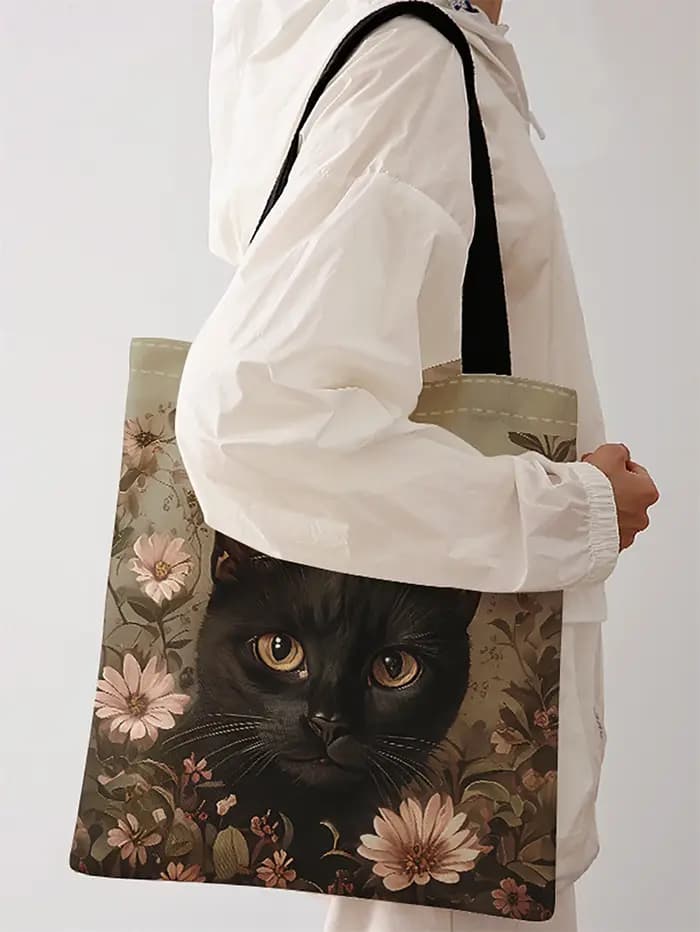 Sac à main décontracté imprimé motif chat noir, sac à dos réutilisable à la mode, sac à main multifonctionnel, sac de shopping en toile